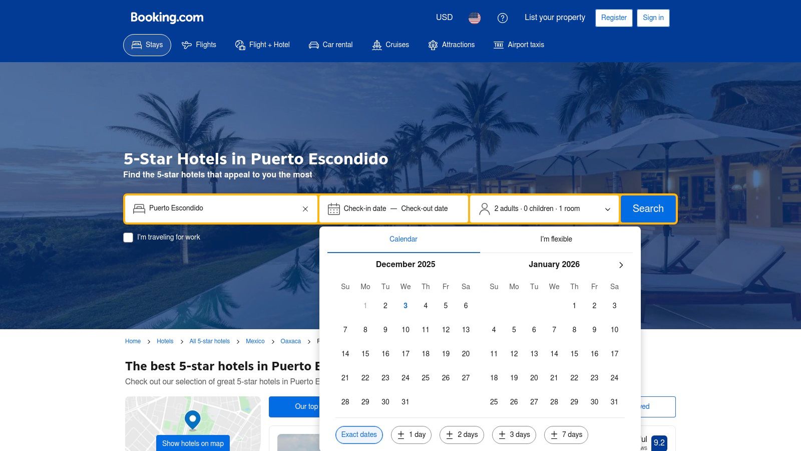 A screenshot of the Booking.com interface showing a search for 5-star hotels in Puerto Escondido, with a map and list view.