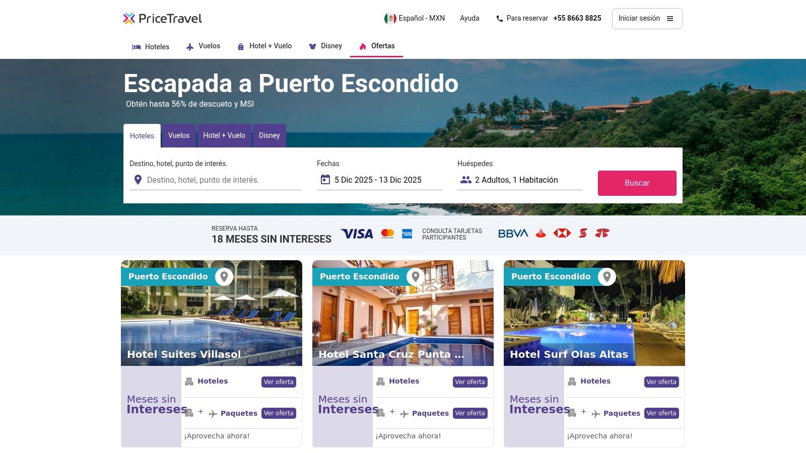 PriceTravel's interface showcasing flight and hotel packages for Puerto Escondido.