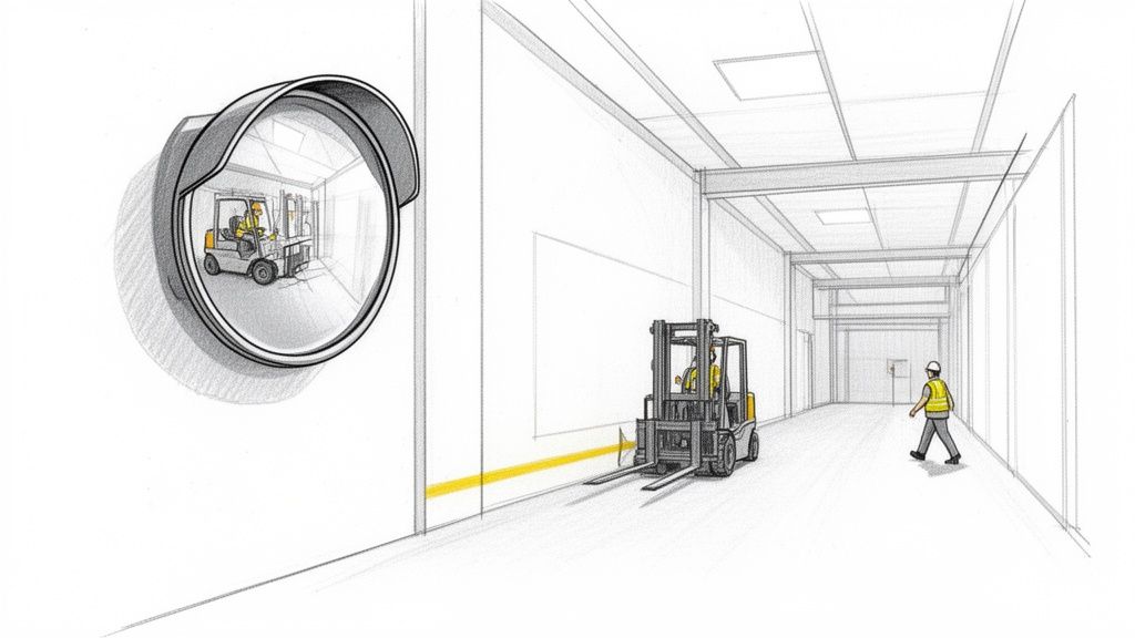 En lagerkorridor med en gaffeltruck som kör framåt. En arbetare går i korridoren, och en konvex spegel visar en annan gaffeltruck.