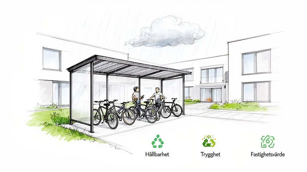 Skiss av ett cykeltak med cyklar och människor i regn framför moderna bostadshus.