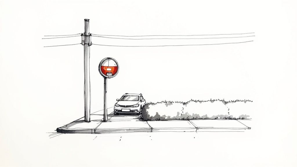 En skiss som visar en gatuscen med en trafikspegel, en lyktstolpe, en parkerad vit bil och en häck.