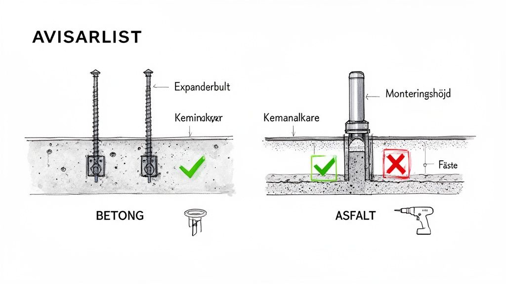 Diagram som visar korrekt installation av avvisarlist i betong med expanderbult och i asfalt med keminankare.