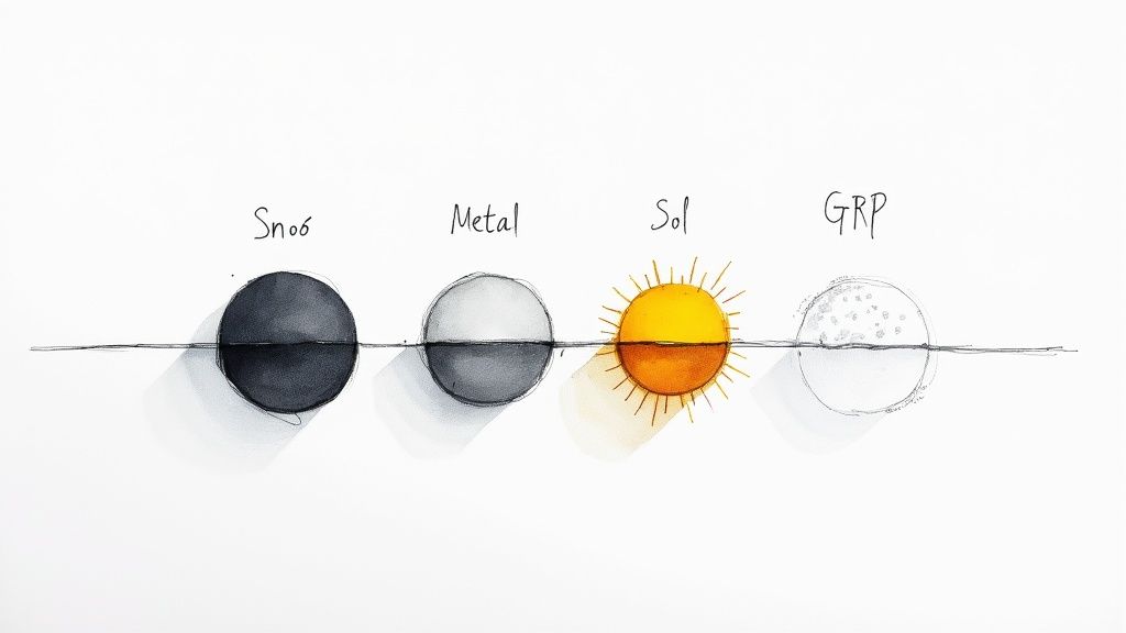 En illustration visar fyra cirkulära objekt, Sno6, Metal, Sol och GRP, uppradade på en horisontell linje.