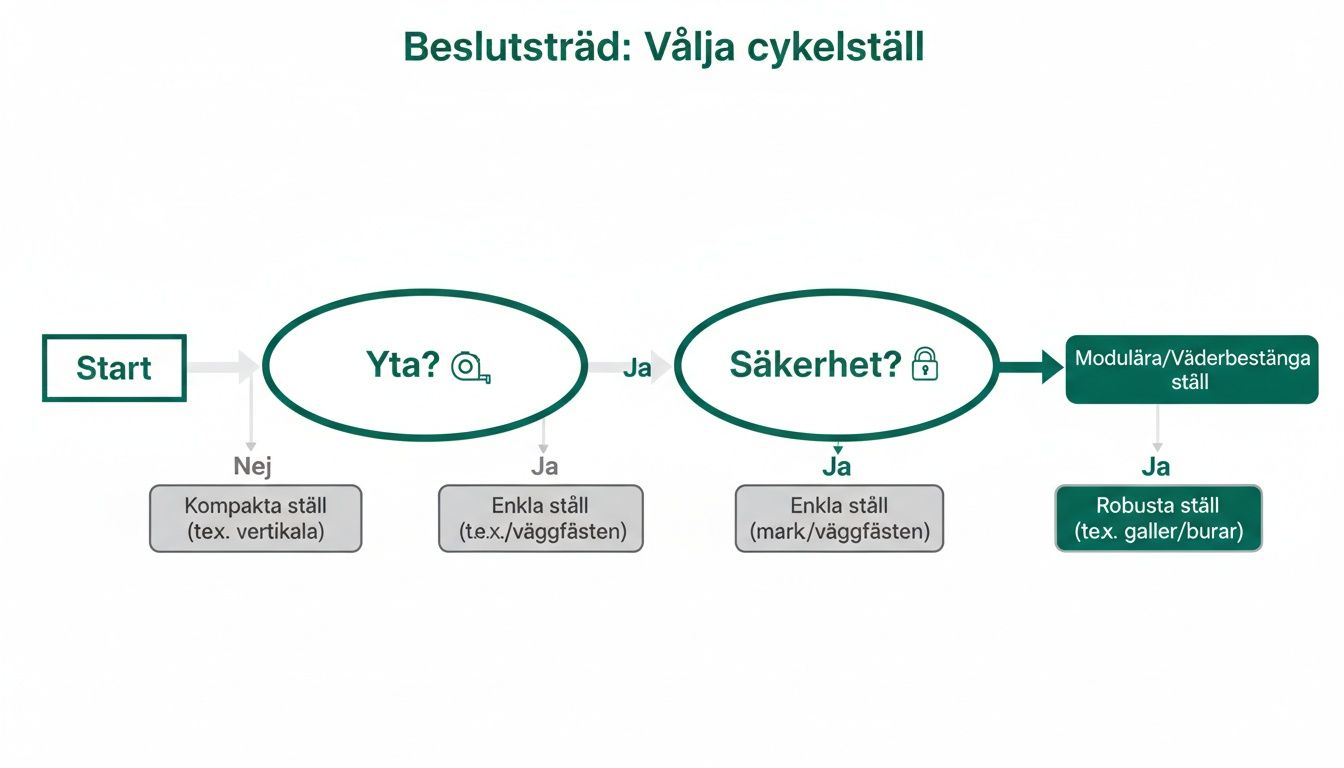 Ett beslutsträd som vägleder val av cykelställ baserat på tillgänglig yta och behov av säkerhet.