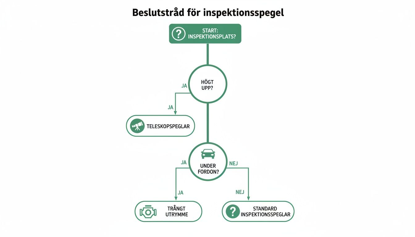 Beslutsträd som vägleder val av inspektionsspegel baserat på inspektionsplats och utrymme.