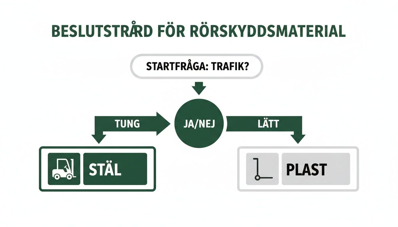 Flödesschema för val av rörskyddsmaterial. Startfråga om trafik leder till stål för tung trafik eller plast för lätt trafik.