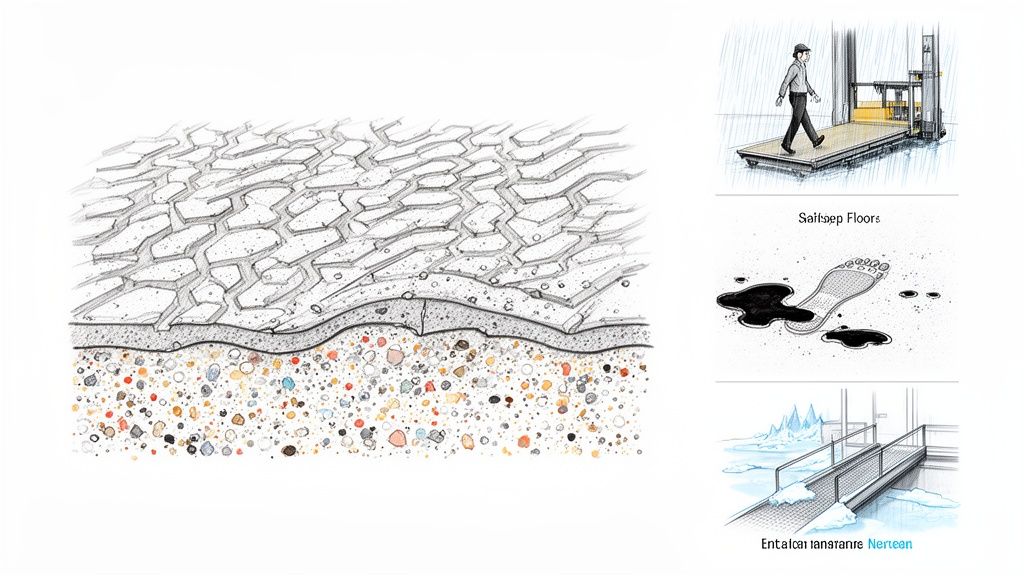 Illustrationer som visar olika halkskyddslösningar för golv och ytor, inklusive en korssektion, en man i regn och en isig bro.