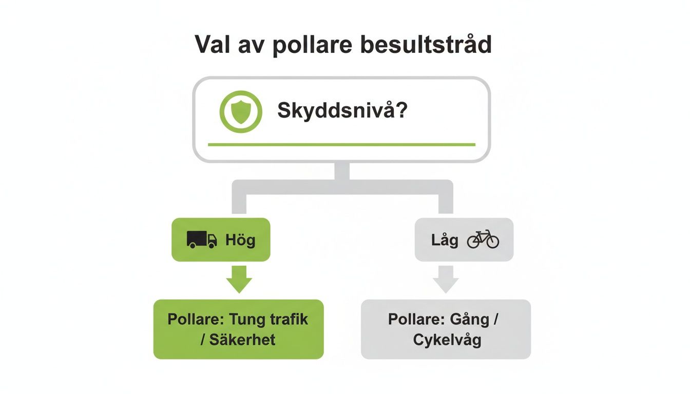Flödesschema för val av pollare baserat på skyddsnivå: hög (tung trafik/säkerhet) eller låg (gång/cykelväg).