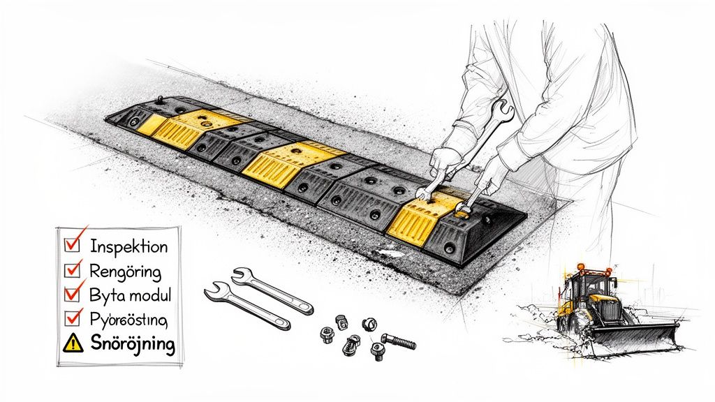 En illustration som visar montering och underhåll av ett modulärt gummifarthinder med tillhörande checklista och en snöplog.