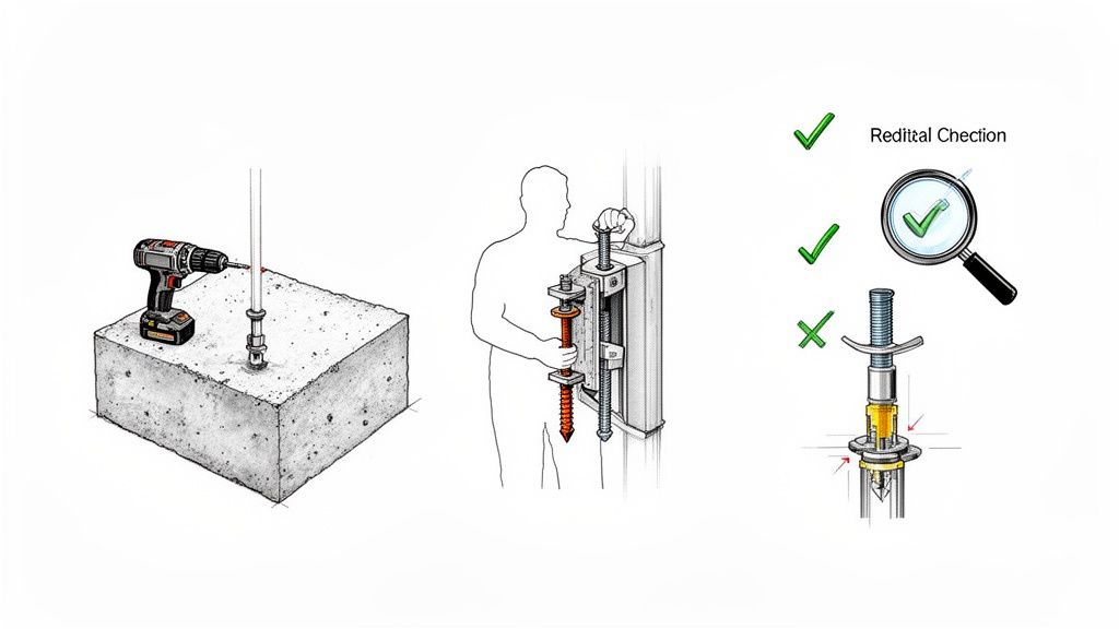 Bilder som visar borrning i betong, installation av ankare och korrekt monteringskontroll.