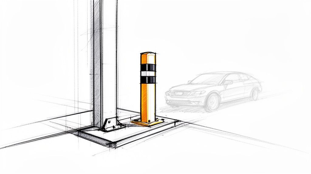 Detaljerad skiss av en orange och svart säkerhetspollare bredvid en stor metallpelare, med en bil i bakgrunden.