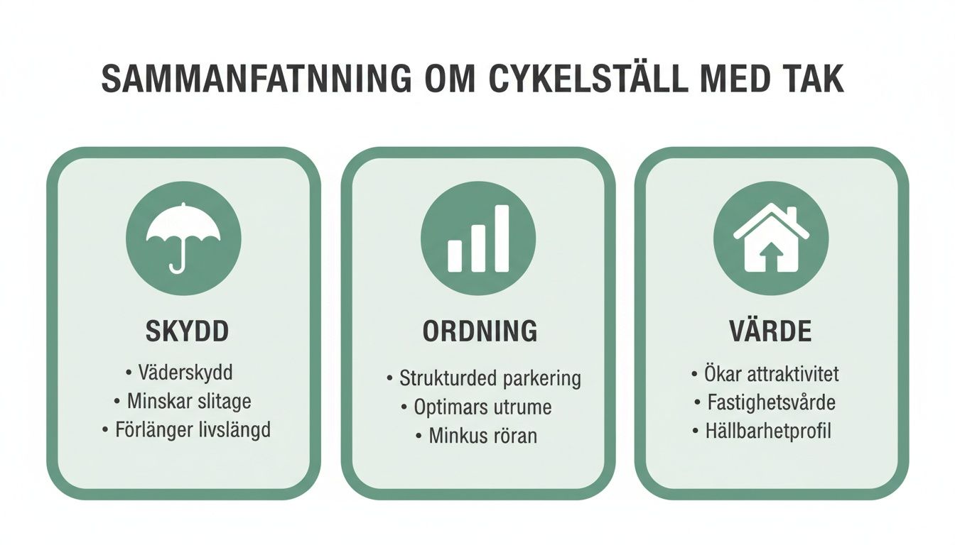 En grafisk sammanfattning av fördelarna med cykelställ med tak, uppdelad i skydd, ordning och värde.