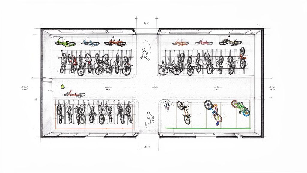 Detaljerad arkitektritning som visar ett tvåvånings cykelparkeringssystem med cyklar lagrade horisontellt och vertikalt.