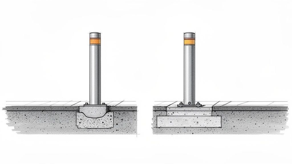 Illustration som visar två metoder för installation av påkörningsskydd utomhus, inklusive ingjutning och ytmontering.