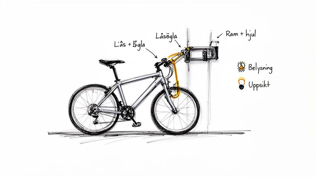 Skiss av en cykel fastlåst i ett väggmonterat cykelställ med detaljer om säkerhetsfunktioner.
