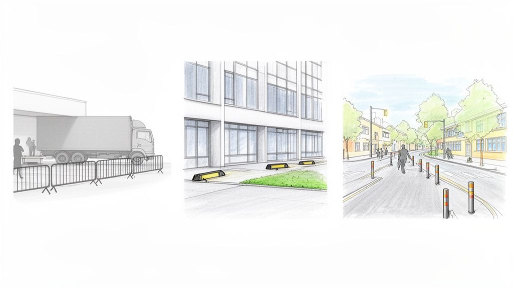 Tre illustrationer av utomhusmiljöer som visar olika typer av påkörningsskydd, avspärrningar och parkeringshinder.