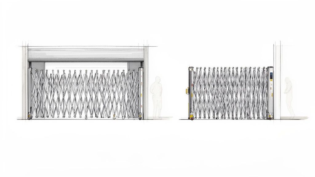 En illustration av två dragspelsgrindar, den ena helt utdragen och den andra delvis öppen med en person bakom.