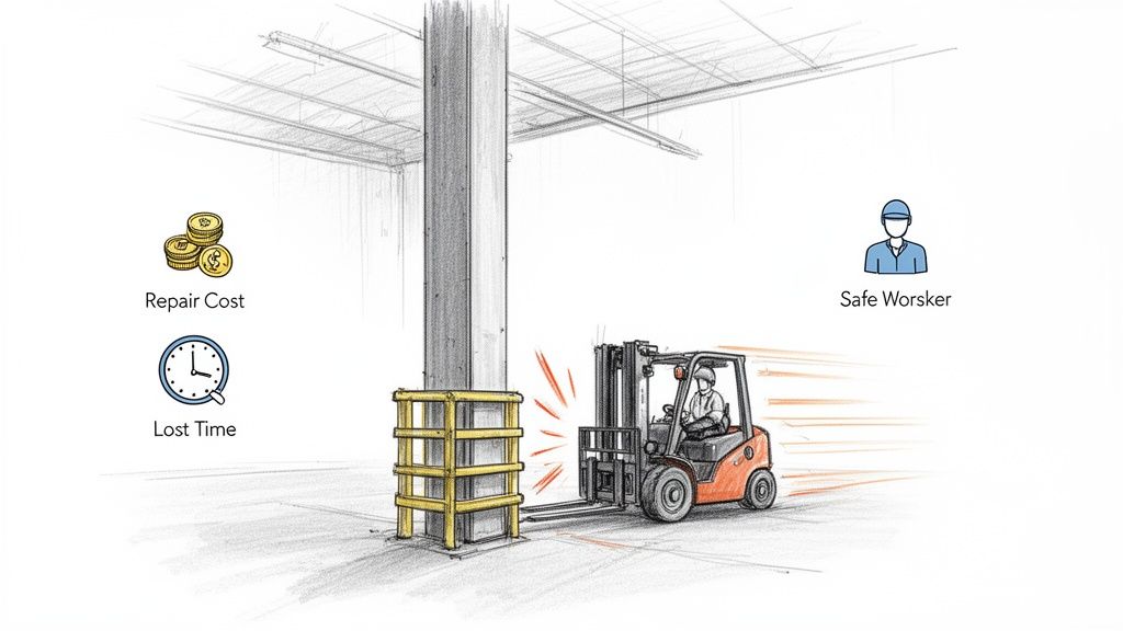 Bild som visar en gaffeltruck nära en skyddad pelare, med ikoner för reparationskostnad, förlorad tid och säker arbetare.