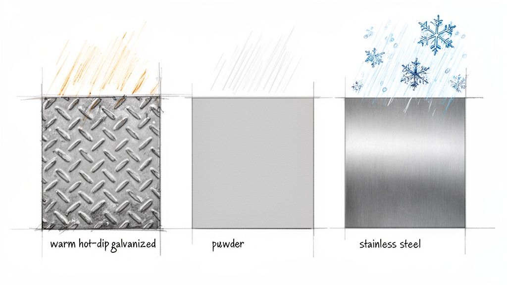 Diagram som visar tre metallfinisher: varmförzinkat, pulverlackerat och rostfritt stål, med tillhörande väderförhållanden.