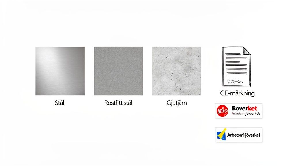 Bild som visar stål, rostfritt stål, gjutjärn samt ikoner för CE-märkning, Boverket och Arbetsmiljöverket.