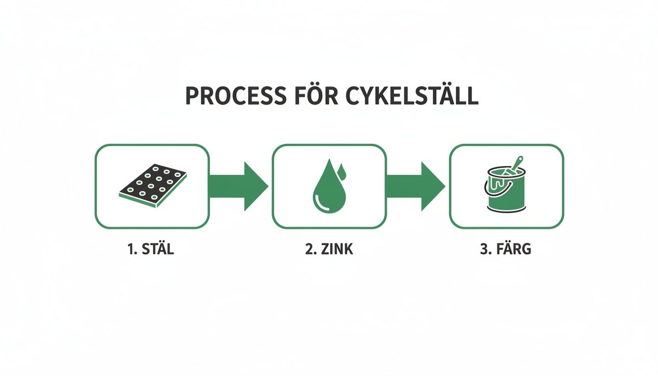 Illustration som visar processen för tillverkning av cykelställ, från stål till zinkbeläggning och sedan färg.