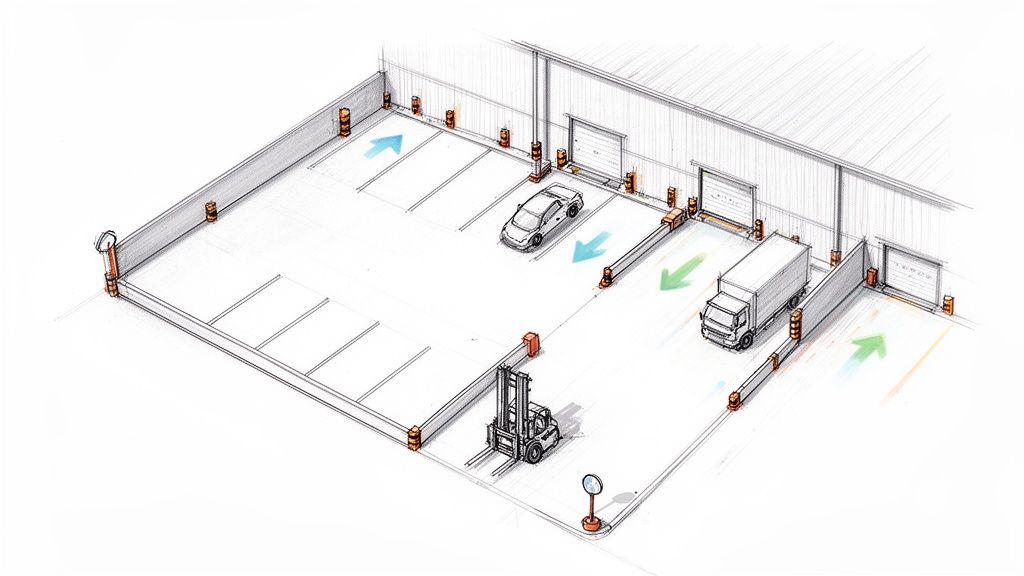 En illustration av ett industriområde med parkeringsplatser, lastkajer och en gaffeltruck, skyddat med påkörningsskydd.