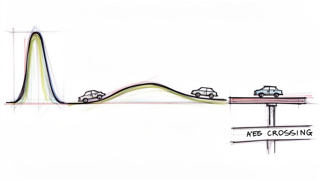 Tecknad illustration av en väg med ett stort fartgupp, följt av en vågig sektion och en bro med bilar.