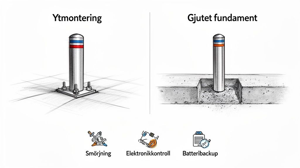 Bilden visar ytmontering och gjuten fundament för en bilspärr, samt underhållsåtgärder som smörjning, elektronikkontroll och batteribackup.