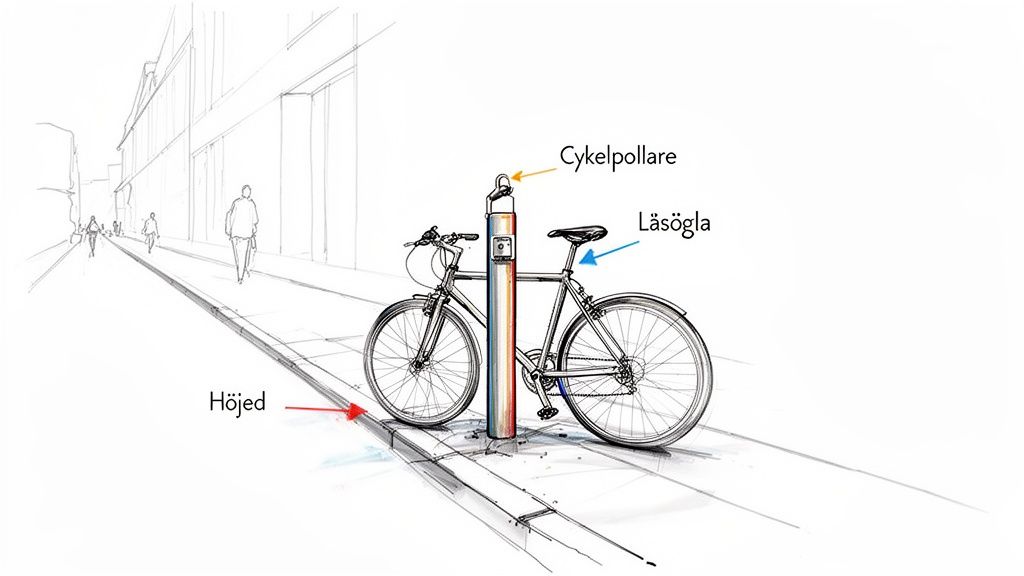 En illustration visar en cykel låst vid en cykelpollare på en gata. Delar som läsögla och höjd är markerade.