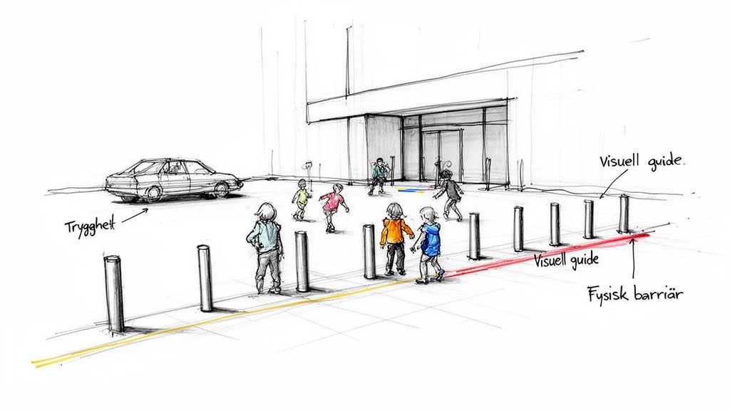 Detaljerad skiss av barn som leker säkert bakom trafikpollare nära en bil, med markeringar för vägledning och barriärer.