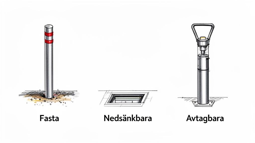Tre illustrationer som visar olika typer av trafikpollare: fasta, nedsänkbara och avtagbara.