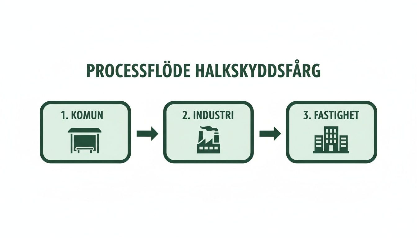 Processflöde för halkskyddsfärg med tre steg: kommun (busskur), industri (fabrik) och fastighet (byggnad), symboliserat med ikoner.