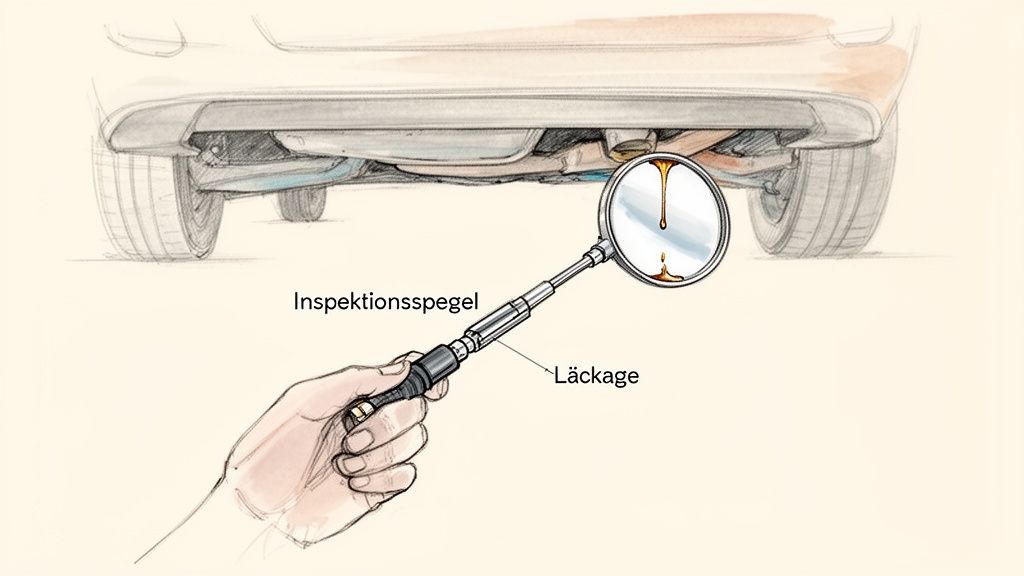 En hand håller en inspektionsspegel under en bil för att upptäcka ett oljeläckage.