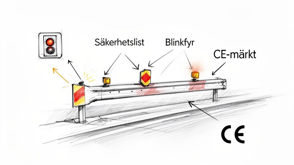 Skiss av en vägbom med säkerhetslist, blinkfyrar och CE-märkning, samt en trafikljusikon.