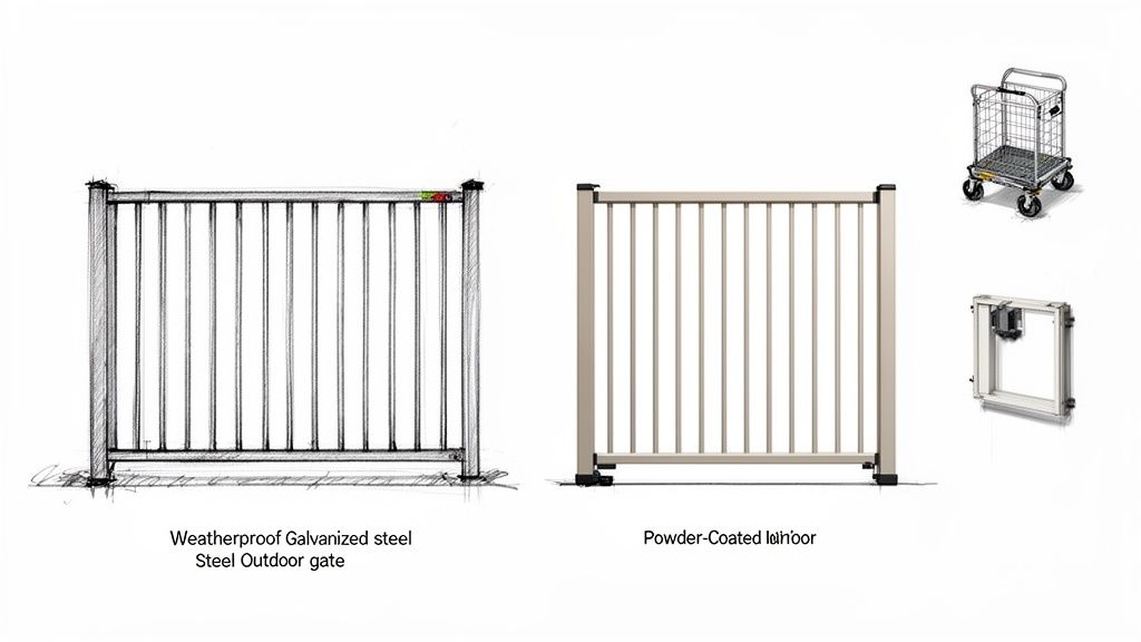 Bilden visar två grindar, en i galvaniserat stål för utomhusbruk och en pulverlackerad för inomhusbruk, samt en rullvagn och grindmekanism.