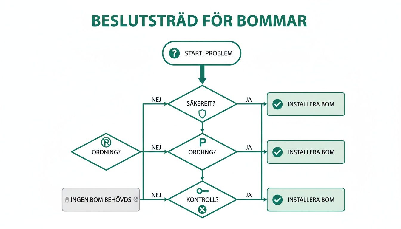 Flödesschema för bommar, som visar ett beslutsträd för installation baserat på säkerhet, ordning och kontroll.