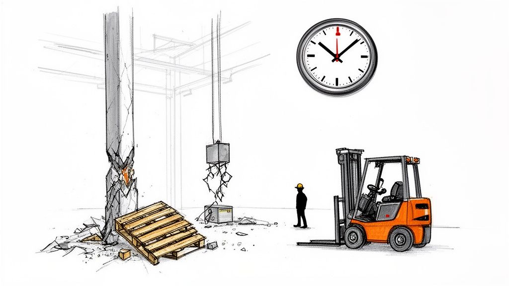 En skadad pelare, en fallande låda, en arbetare och en truck vid en olycksplats med en klocka som visar tidspress.