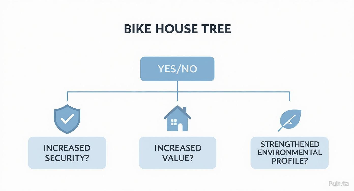 Ett beslutsdiagram med rubriken Cykelhusträd visar Ja/Nej och grenar till frågor om ökad säkerhet, värde och miljöprofil.