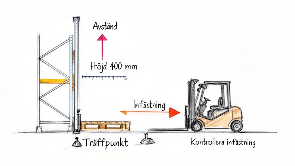 Illustration eines Anfahrschutzes für Palettenregale gegen Gabelstapler, mit Maßangaben für Höhe und Befestigungspunkte.