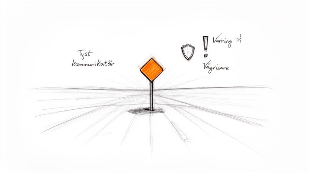 En handritad skiss av en orange vägskylt på en väg med texten 'Tyst kommunikatör', 'Varning' och 'Vägvisare' runt om.