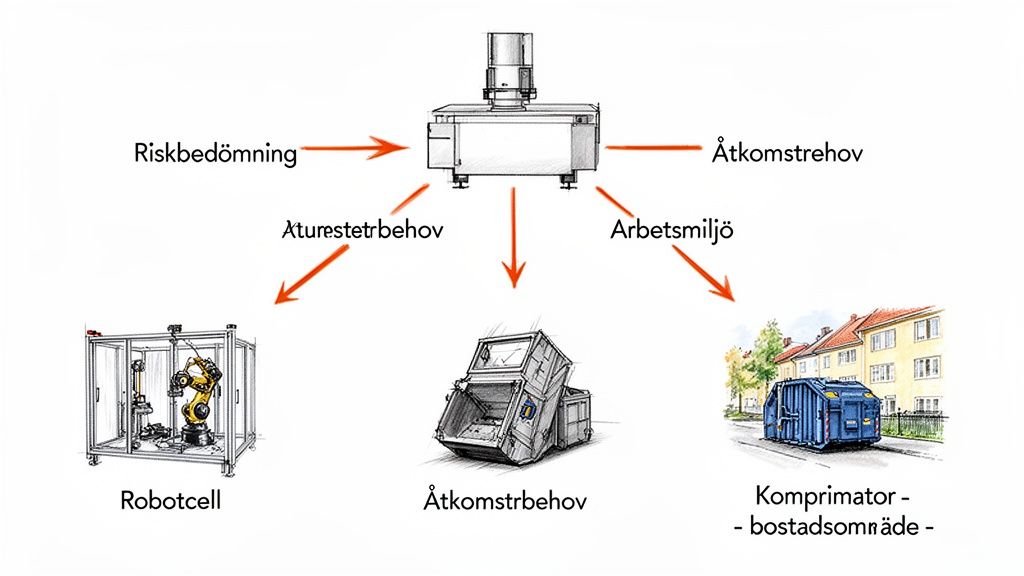 Diagram som visar en central maskin kopplad till riskbedömning, arbetsmiljö, robotcell och komprimatorer.