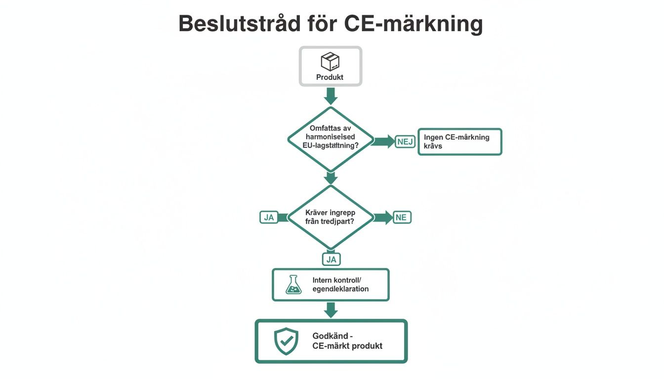 Flödesschema för CE-märkning, som visar stegen för att fastställa om en produkt behöver CE-märkas.