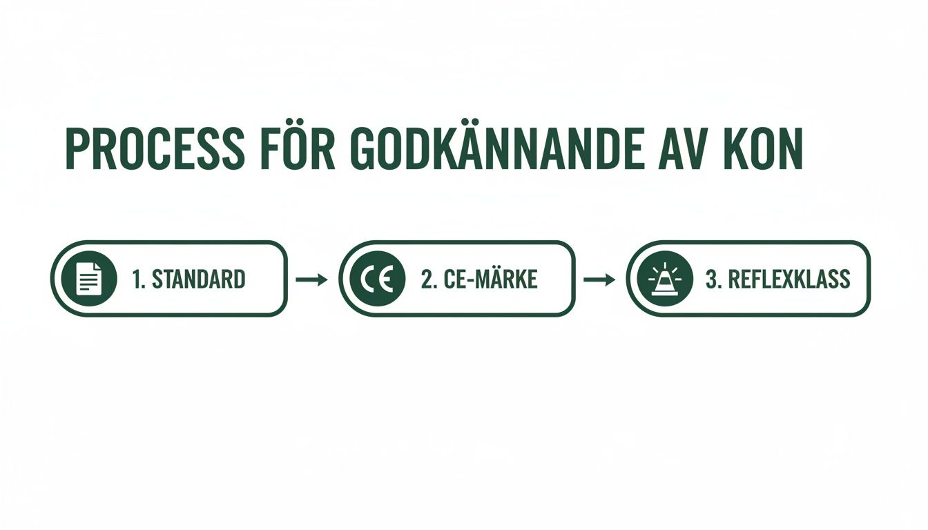 Flödesschema som visar processen för godkännande av trafikkoner, inklusive standard, CE-märkning och reflexklass.