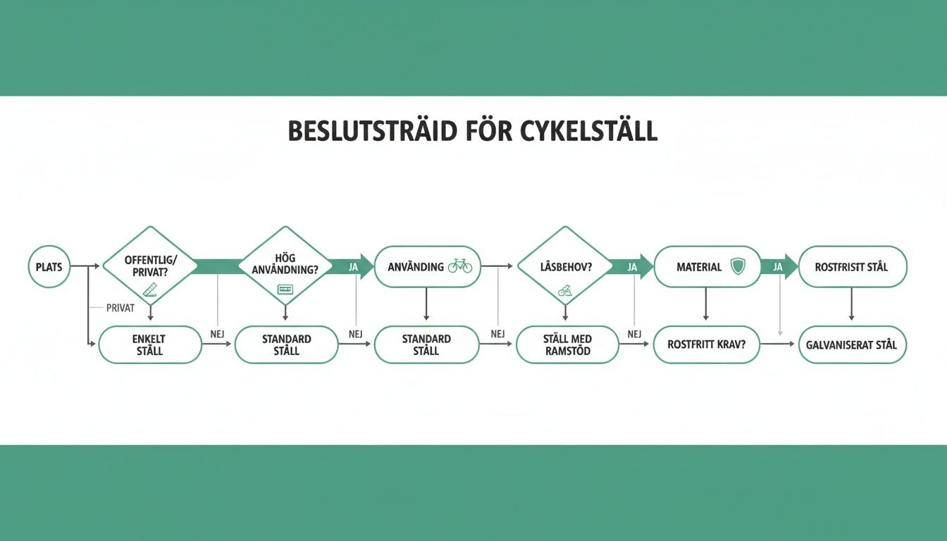 Flödesschema som visar ett beslutsträd för val av cykelställ baserat på plats, användning och material.