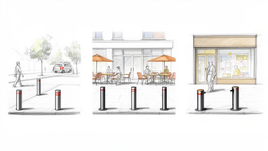 Illustration av pollare som påkörningsskydd i tre olika stadsmiljöer: gata, café och butiksingång.