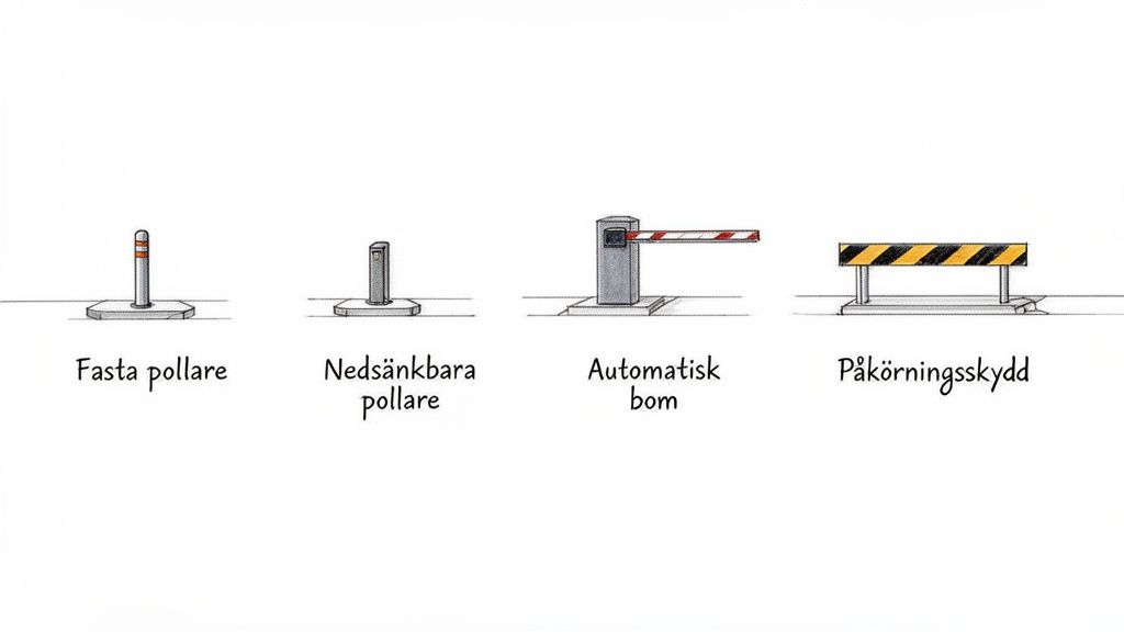 Illustration som visar fyra olika typer av avspärrningsprodukter: fasta och nedsänkbara pollare, automatisk bom och påkörningsskydd.