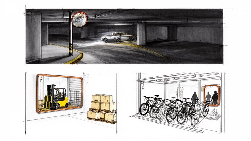 Tre illustrationer visar speglar för säkerhet i parkeringsgarage, lager och cykelparkering.