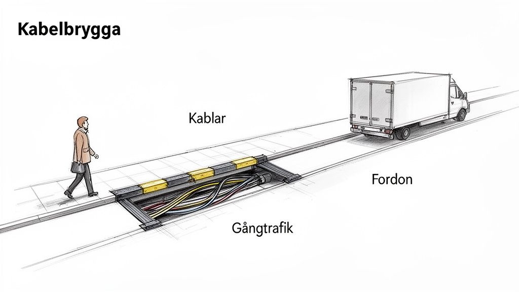 Illustration av en kabelbrygga som skyddar kablar för gång- och fordonstrafik, med en man och en lastbil.