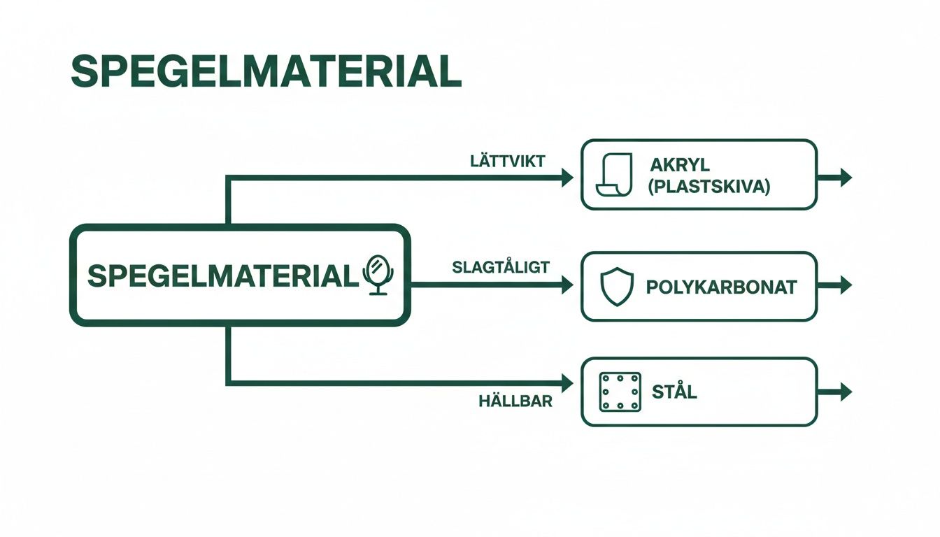 Diagram som visar olika spegelmaterial: akryl (lättvikt), polykarbonat (slagtåligt) och stål (hållbart).