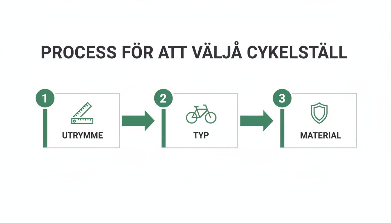 En grafisk presentation av processen för att välja cykelställ, inklusive steg för utrymme, typ och material.